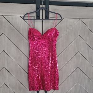 Sequin, hot pink mini dress. Prom, date night, girl's night